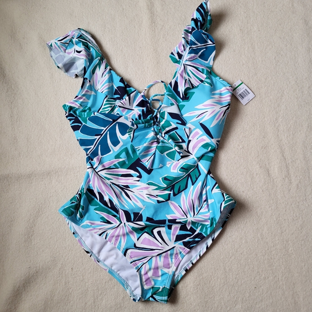 NWT One Piece Swimsuit Women's Size Large Ruffle Lace Up Full Coverage Tropical